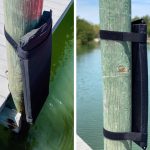 Two pictures of a black bag attached to a pole.