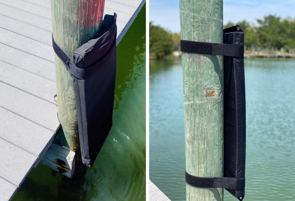 Two pictures of a black bag attached to a pole.