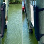 Two pictures of a dock with a black pole attached to it.