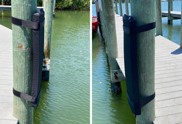 Two pictures of a dock with a black pole attached to it.